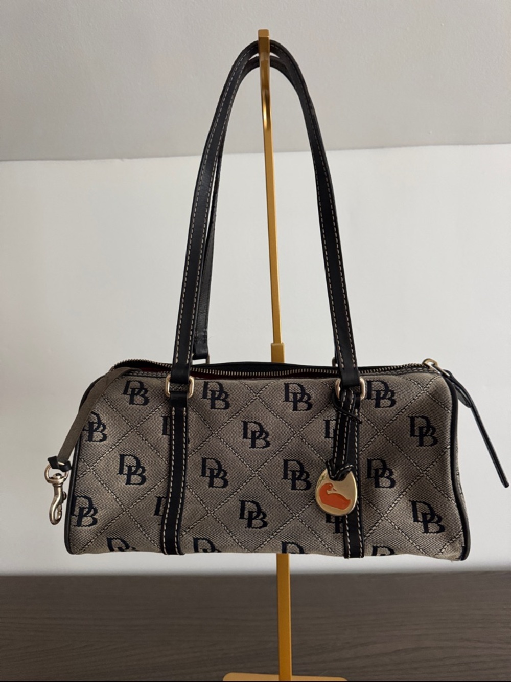 Dooney & Bourke Canvas Leather Duffel Barrel purse Monogram Black/Gray
